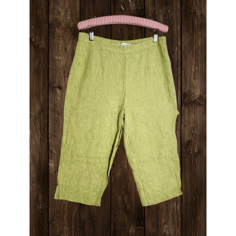 Cut Loose Linen Cropped Pants Size M Womens Pale Celery Green Embroidery Preppy